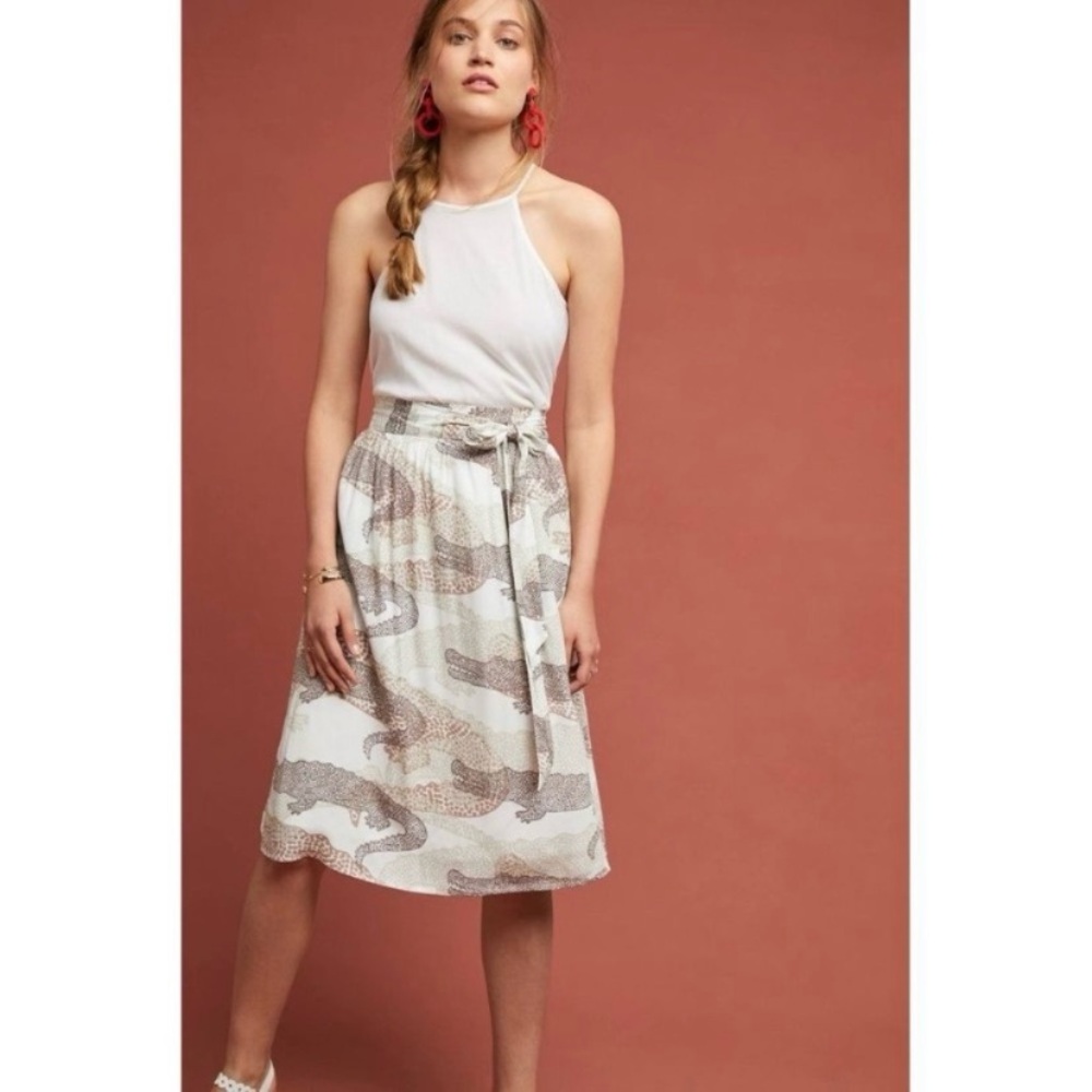 NWT Anthropology Porridge Alligator Print Tie Waist Midi Skirt Size Medium